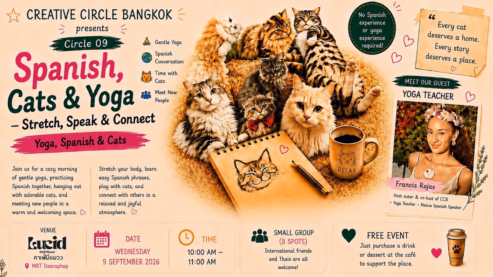 Spanish, Cats & Yoga — event poster